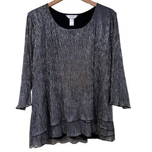 CJ Banks Top Blouse 1X Silver Metallic Tiered Shirt Lined Holiday Party Shimmer
